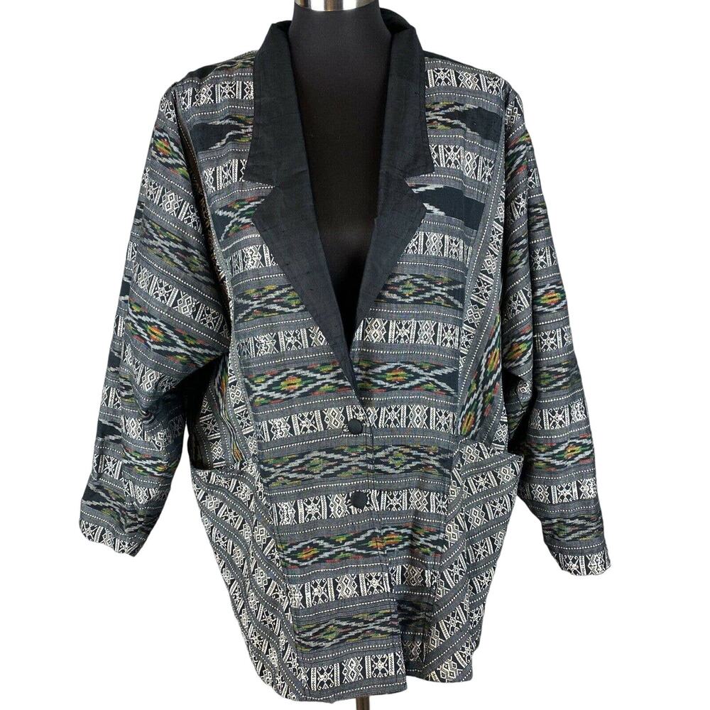 Vintage Thai Silk Handmade Art to Wear Jacket Oversized One Size 100% Silk Aztec